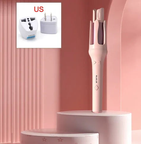 Automatic hair curler with 32mm ceramic barrel in white and pink colour with international power adapters