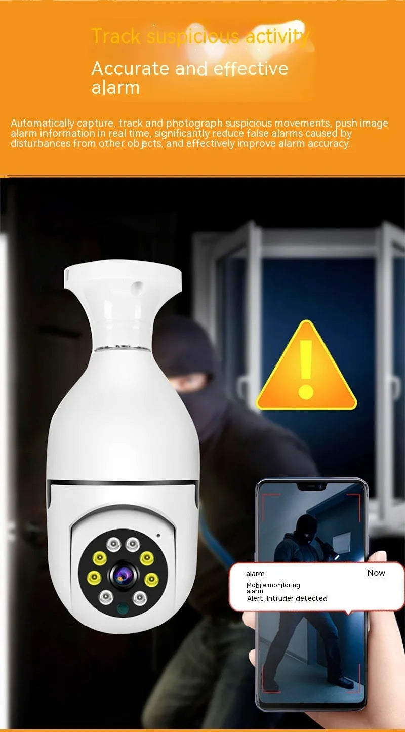 Wireless bulb security camera with plastic and metal housing measuring 5cm by 12cm