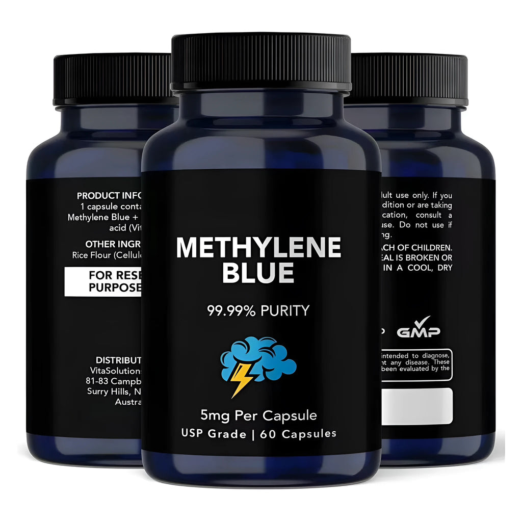 White bottle of Methylene Blue Capsules, 60 tablets, standard specification, hair oil category supplement.