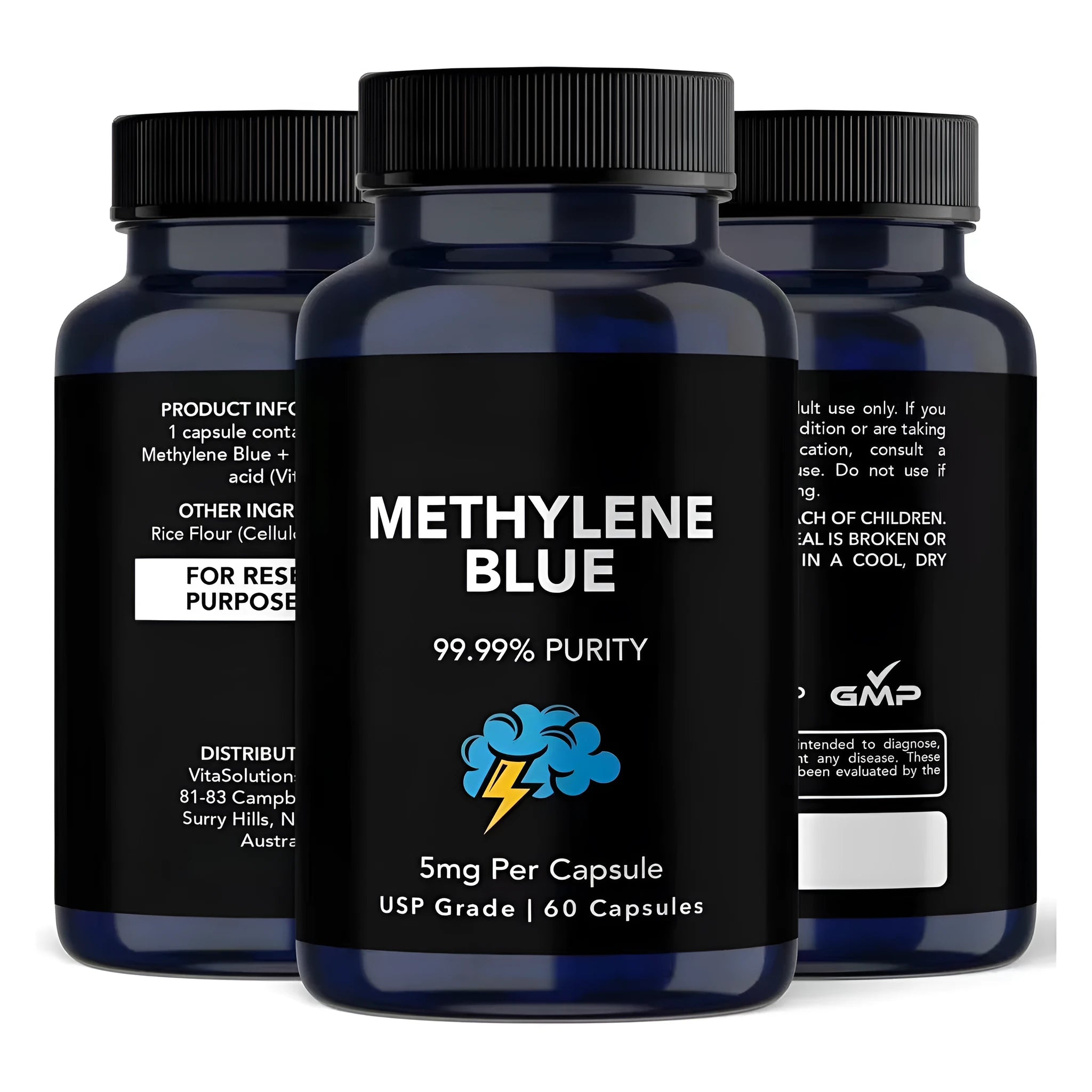 White bottle of Methylene Blue Capsules, 60 tablets, standard specification, hair oil category supplement.