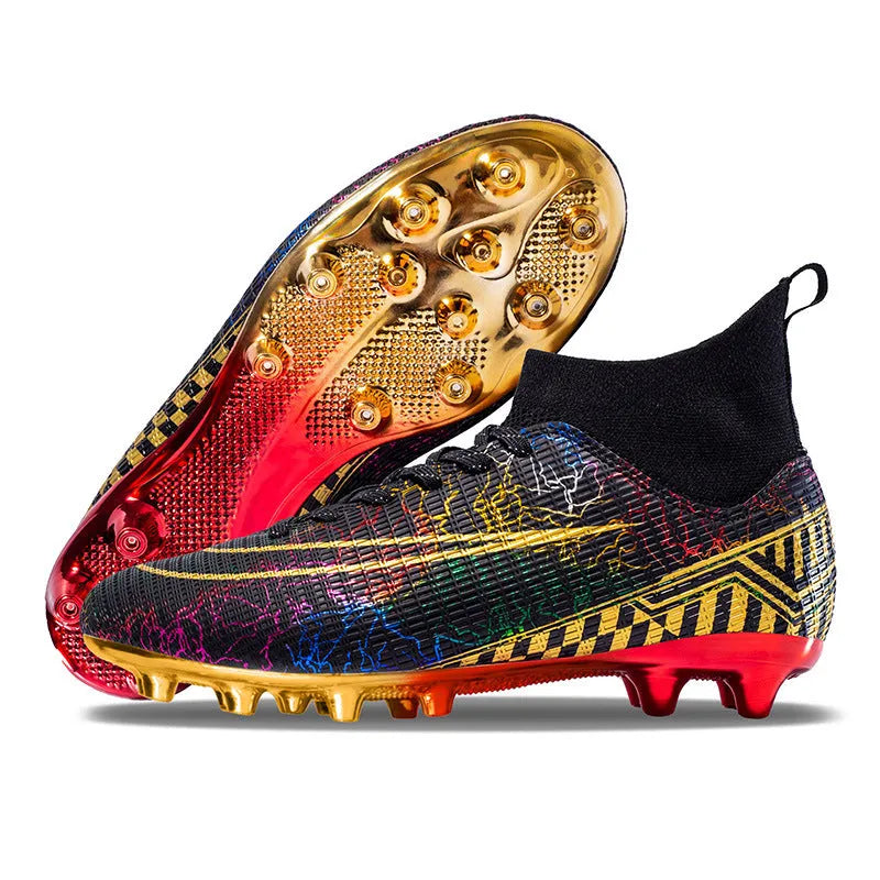 Men's high-top football training shoes with gold plated bottom on PVC sole, in white, black, and mandarin duck colours.