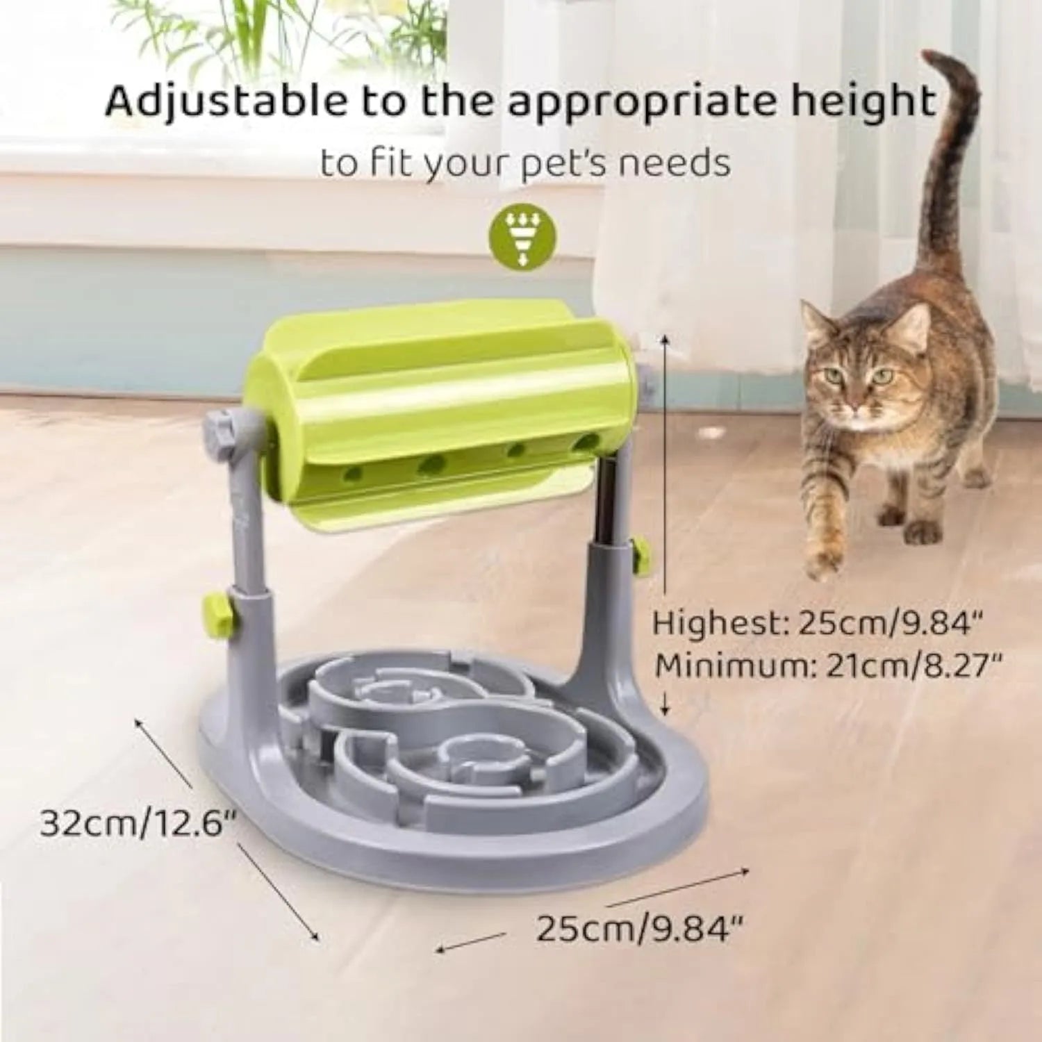 Adjustable height interactive pet food puzzle slow feeder in blue, green, or pink colours for dogs and cats