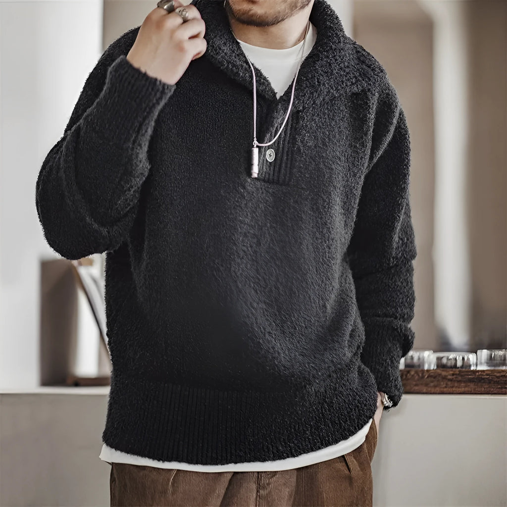Men's thick black thermal hoodie sweater with lapel collar and long sleeves on a plain background