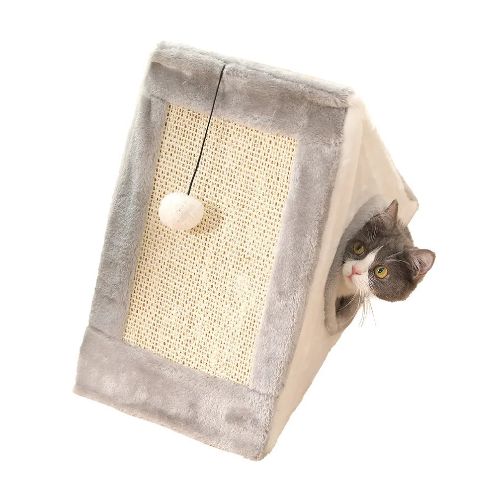 Triangular cat scratching post with sisal surfaces and soft plate fur bed in grey and white colour