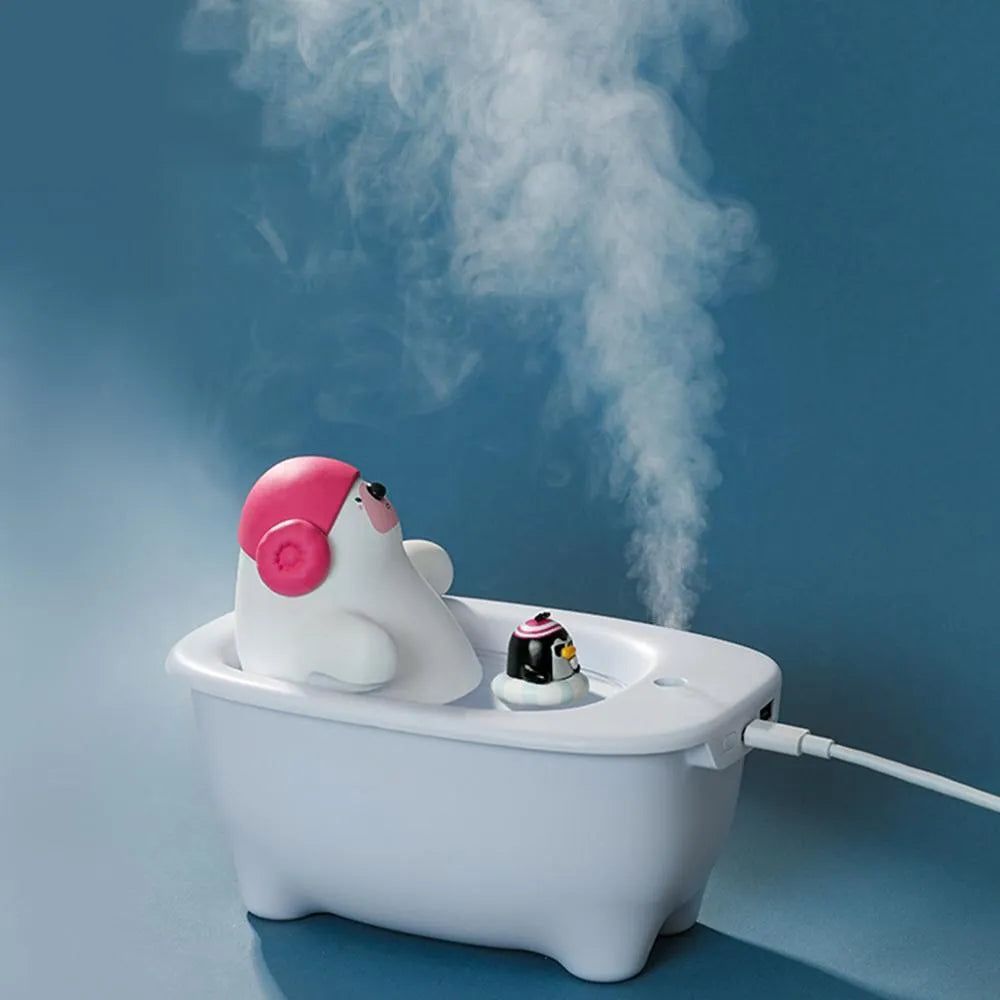 White USB air humidifier with transparent 550ml water tank and compact desktop design