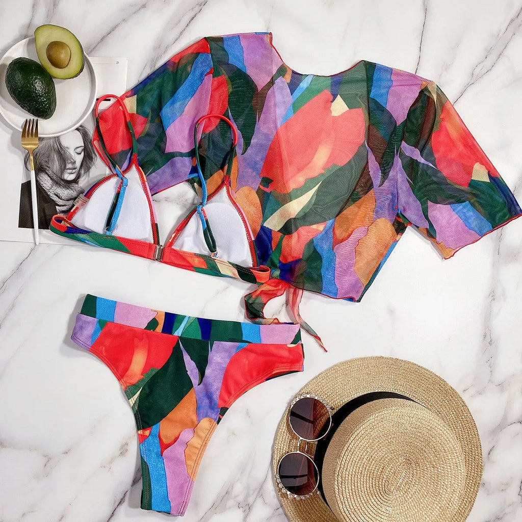 Red women's split swimsuit, a nylon bikini in a casual surfing style.