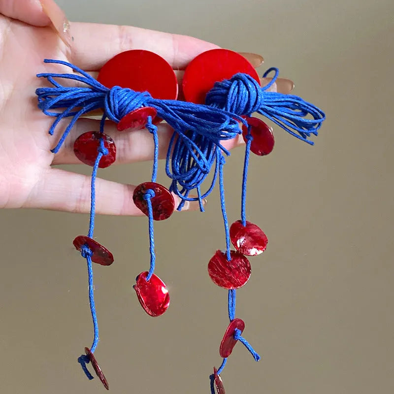 Geometric women's earrings with cloth base and silver needle-blue resin flower accents in 30# colour