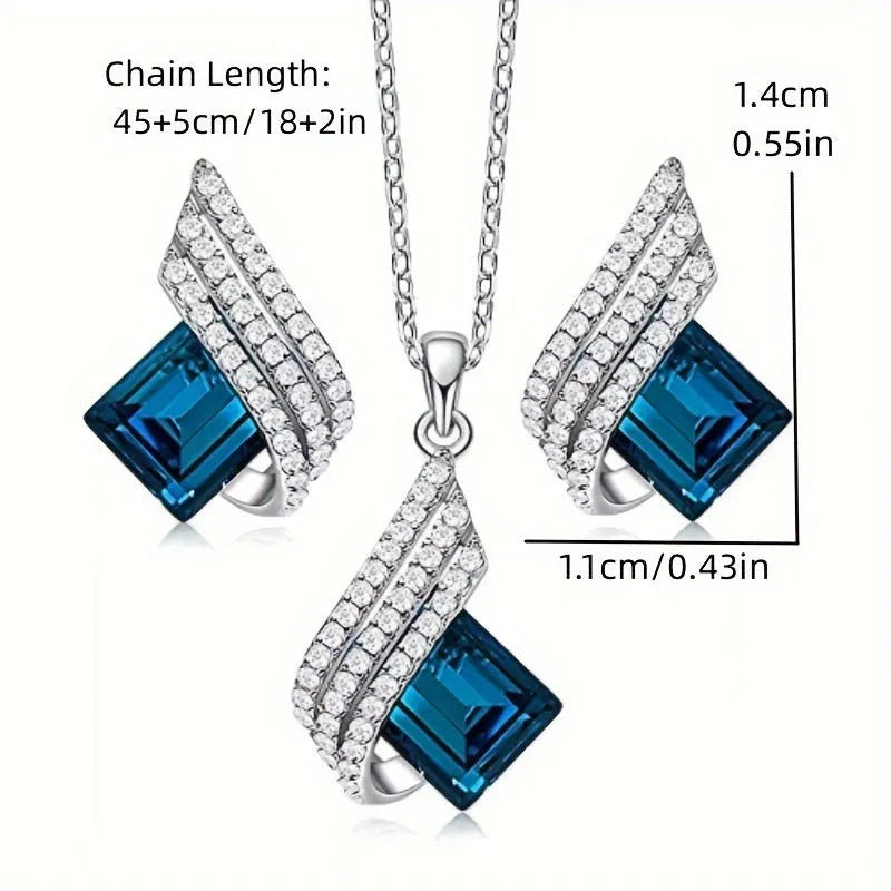 Glass pendant and alloy cross chain necklace with matching electroplated ear studs jewellery set in two style colours.