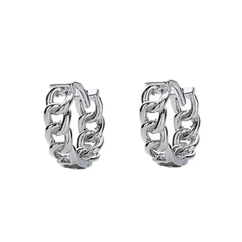 Men's silver geometric copper earrings showing 10mm and 14mm size options with auspicious cloud design