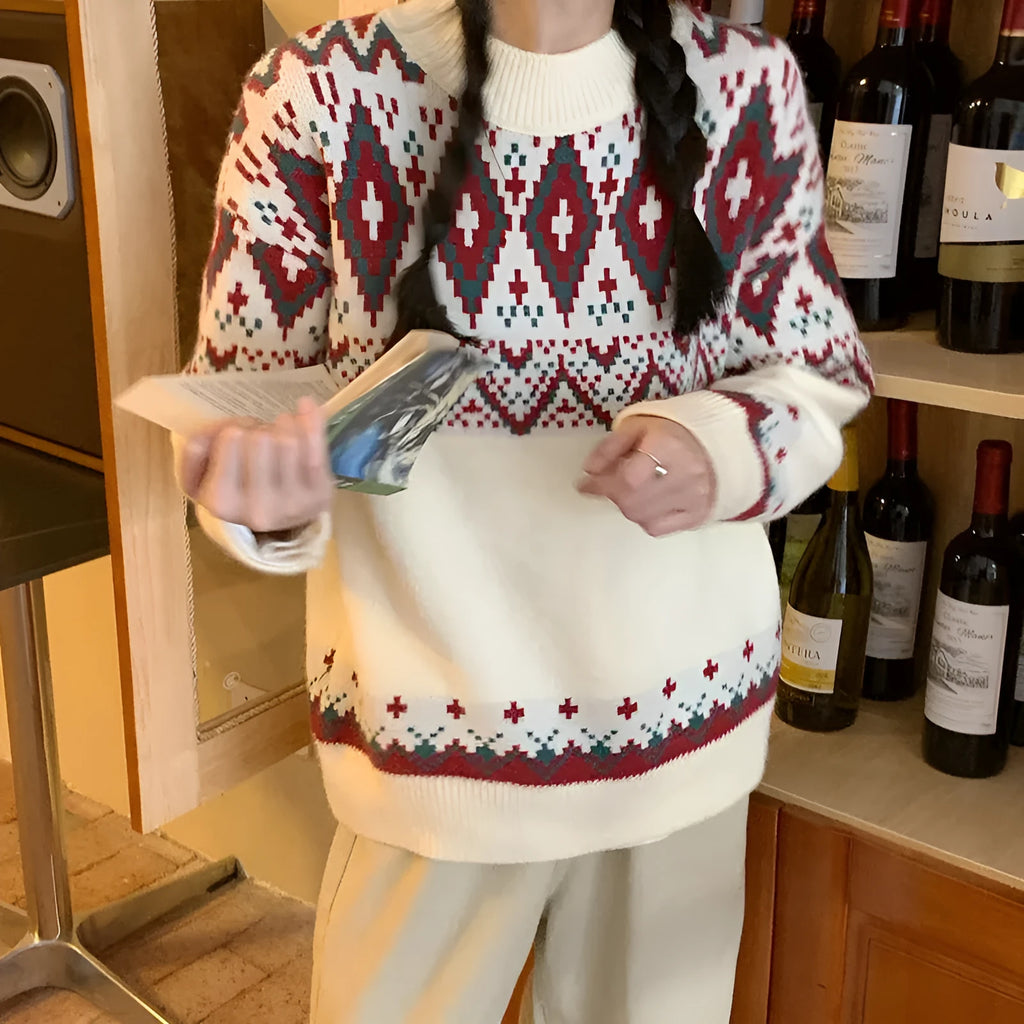 Loose retro pullover knitted top with stripe pattern in red colour