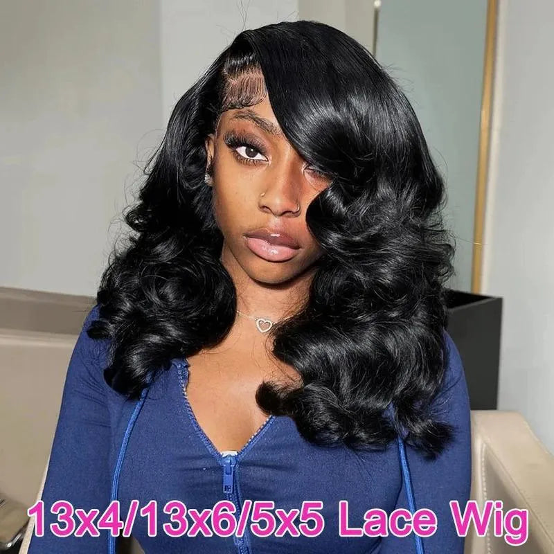 Women's 13x4 lace front human hair wig black wavy curly 16 inches with natural hairline