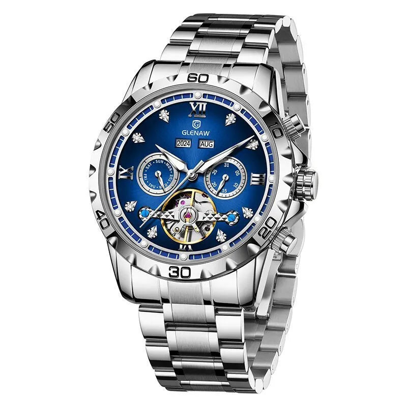 Men's automatic mechanical watch with metal case, stainless steel strap, and mineral glass face in business style