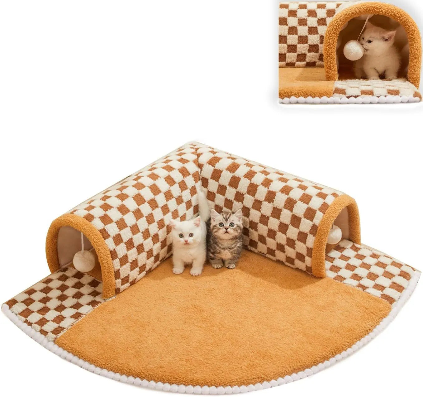 Brown plush plaid collapsible cat tunnel bed with central mat measuring 80x80x22cm