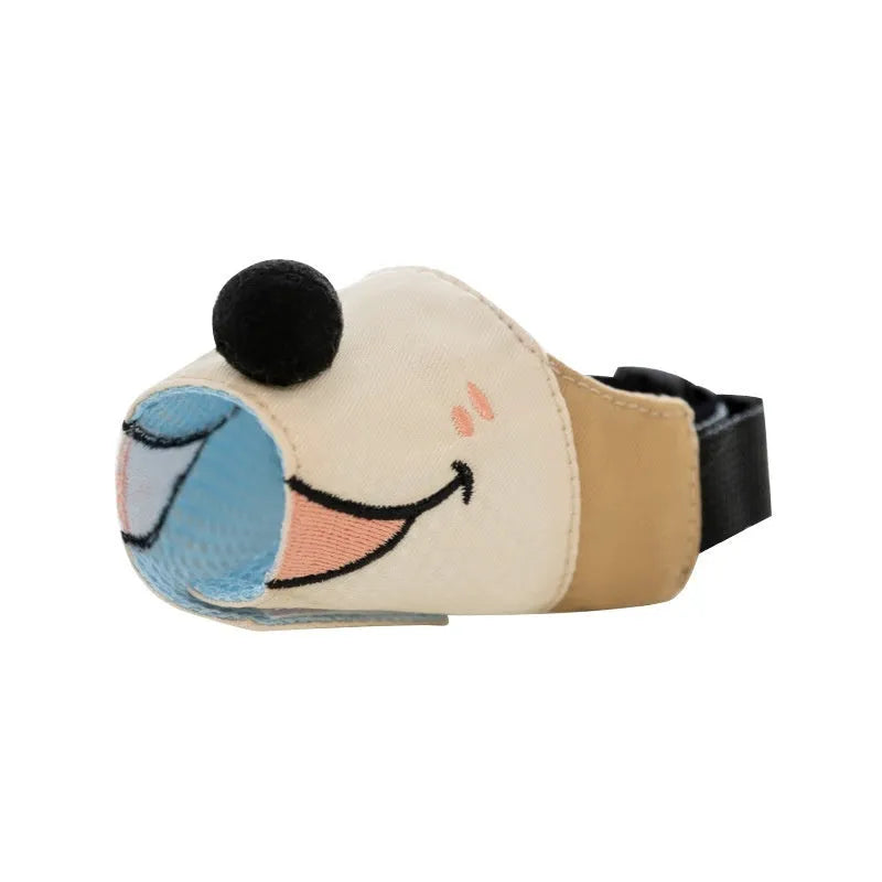 Canvas dog mouth cover muzzle in Ollie Brown Bear colour, shown alongside Bondi Blue Shark option.