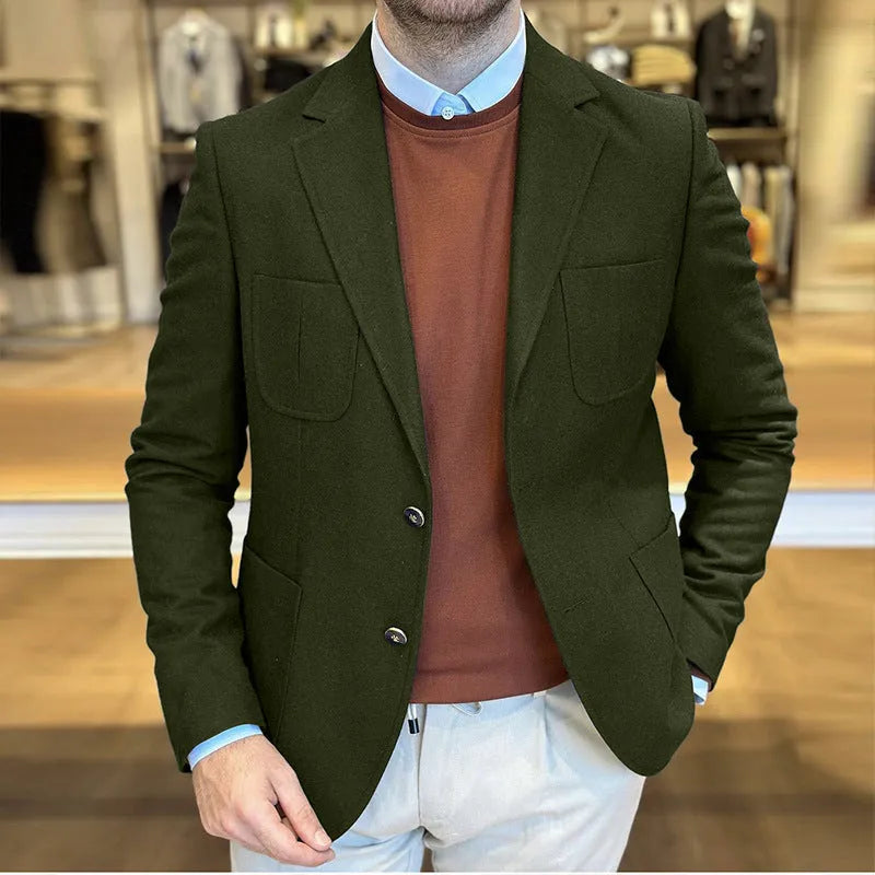 Men's loose fit cotton casual suit in retro style showing solid colour options including Army Green, dark blue, black, brown, and khaki