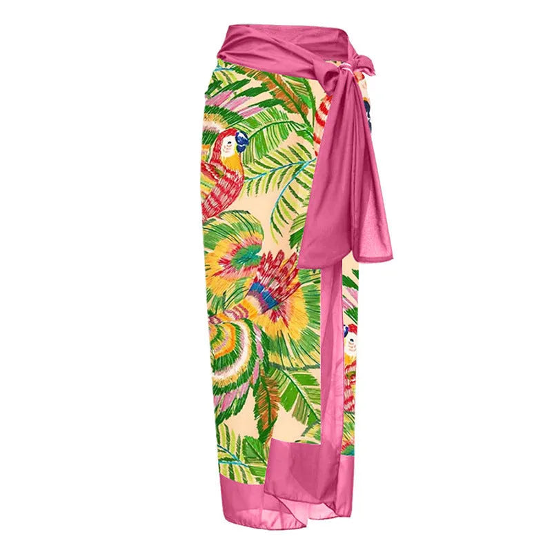 Women's pink floral print retro one-piece swimsuit with V-neck, covered belly and thin skirt