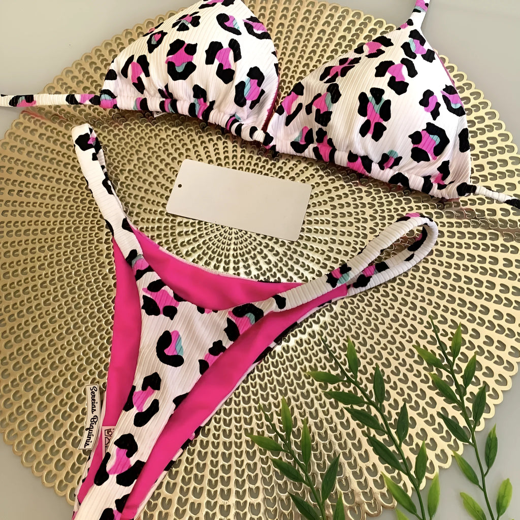 Women's printed bikini swimsuit with cotton lining on mannequin showing briefs style