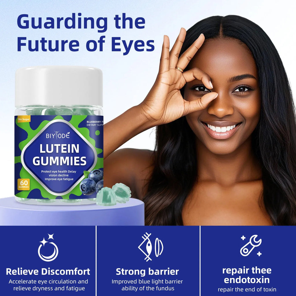Wholesale bottle of 60 lutein gummies for eye health support with vitamins A, C, and E