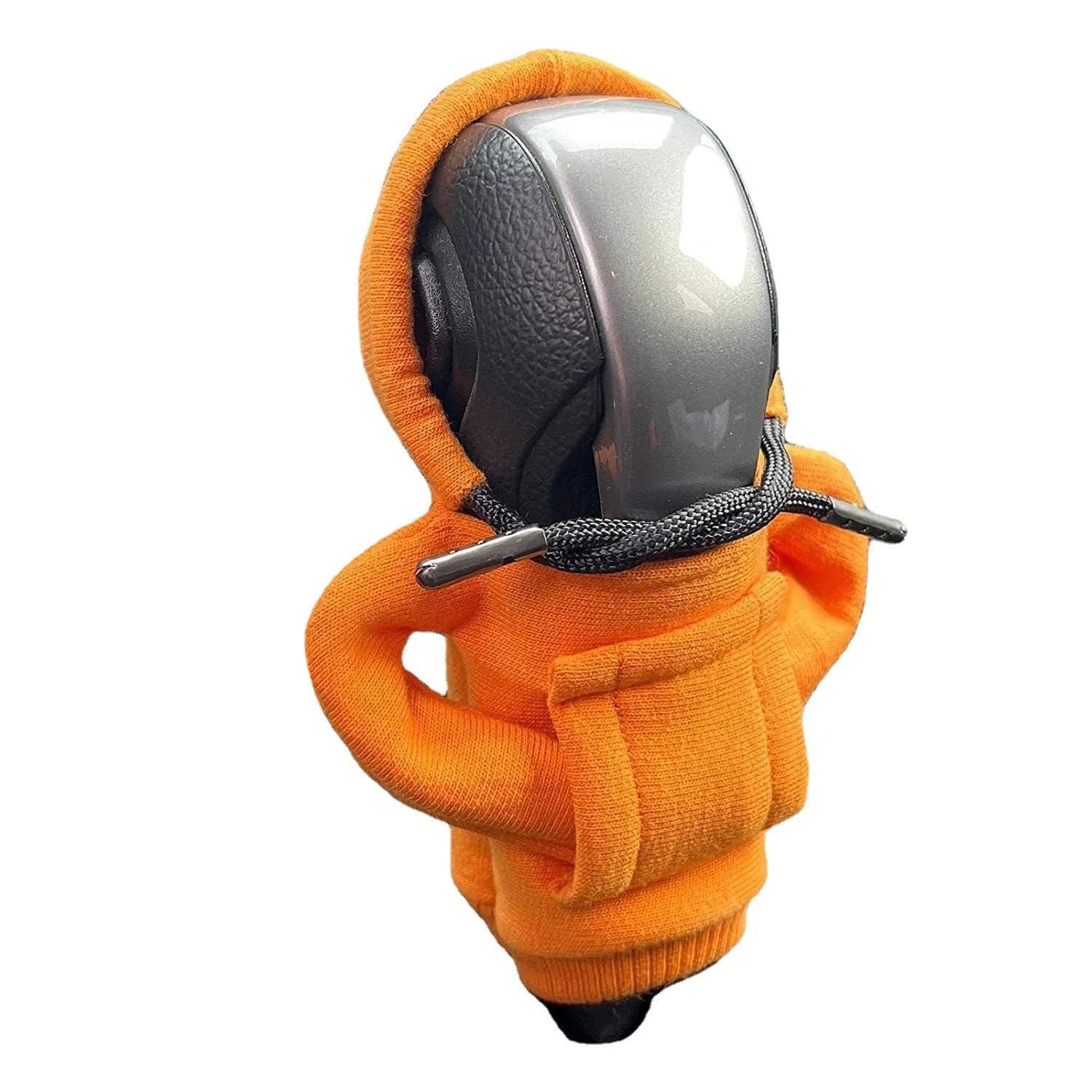 Cloth gear shift knob hoodie cover shown in multiple colours next to a car gear lever.