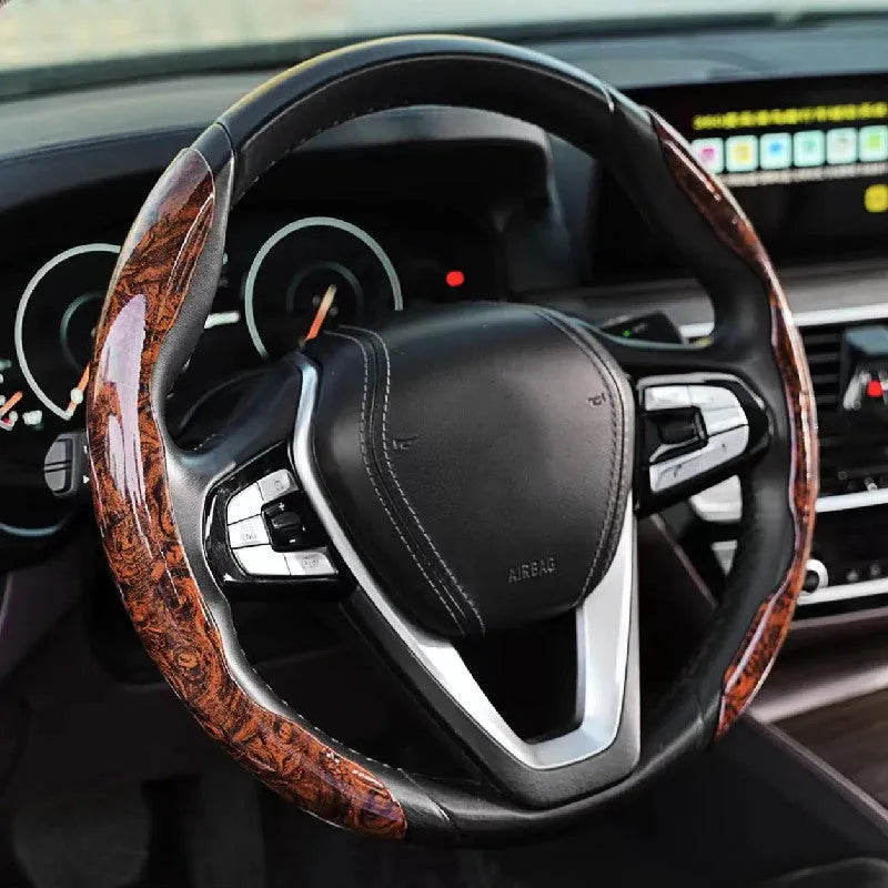 Peach wood grain artificial leather steering wheel sleeve for 38cm diameter wheels in crystal brown colour.