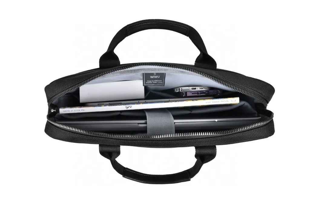 Black Oxford cloth laptop rucksack showing multi-pocket interior and separate computer compartment for 14 or 15.6 inch devices.