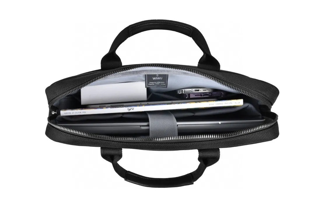 Black Oxford cloth laptop rucksack showing multi-pocket interior and separate computer compartment for 14 or 15.6 inch devices.