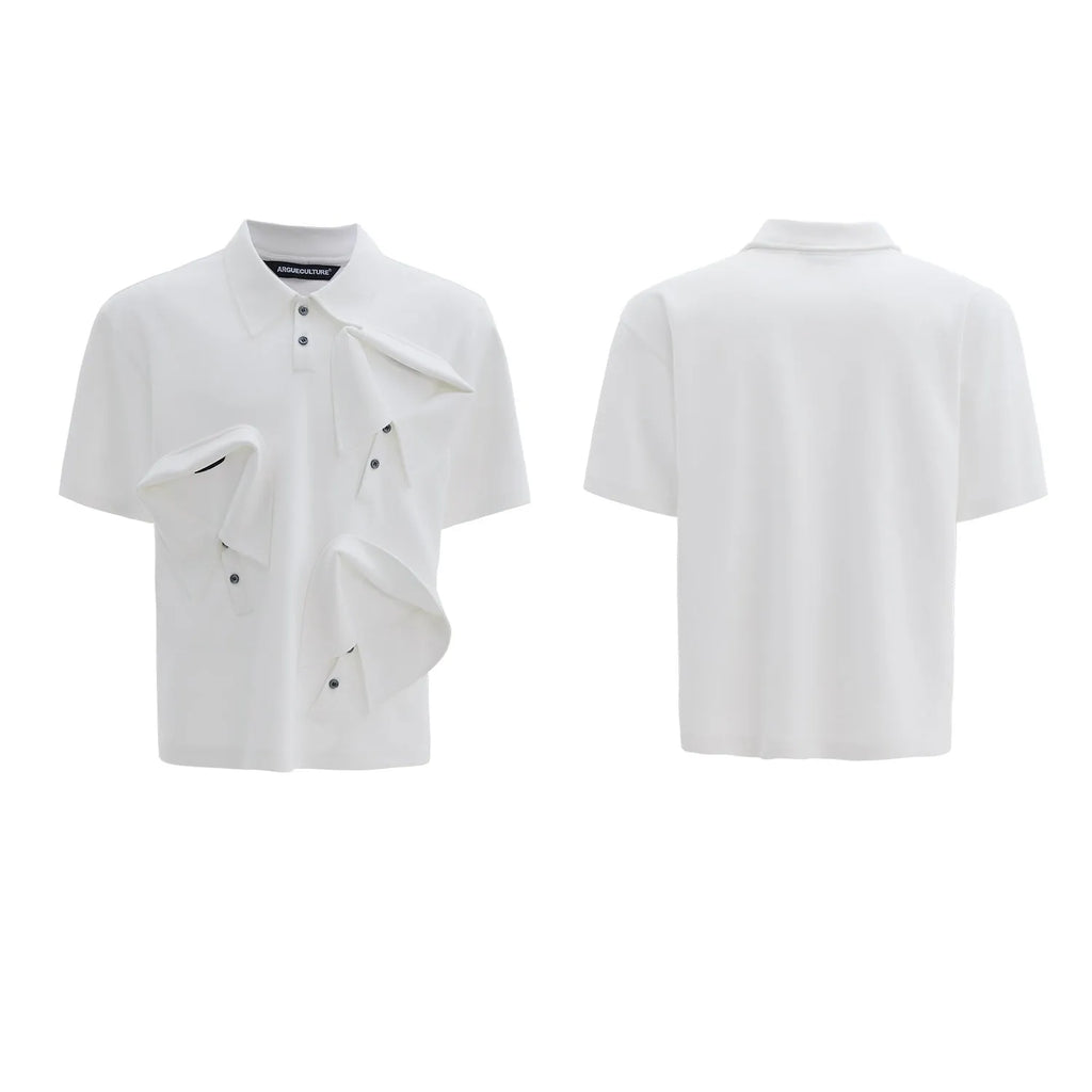 Men's geometric pattern polo shirt with deconstructed multi-collar design in loose fit polyester