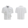 Men's geometric pattern polo shirt with deconstructed multi-collar design in loose fit polyester