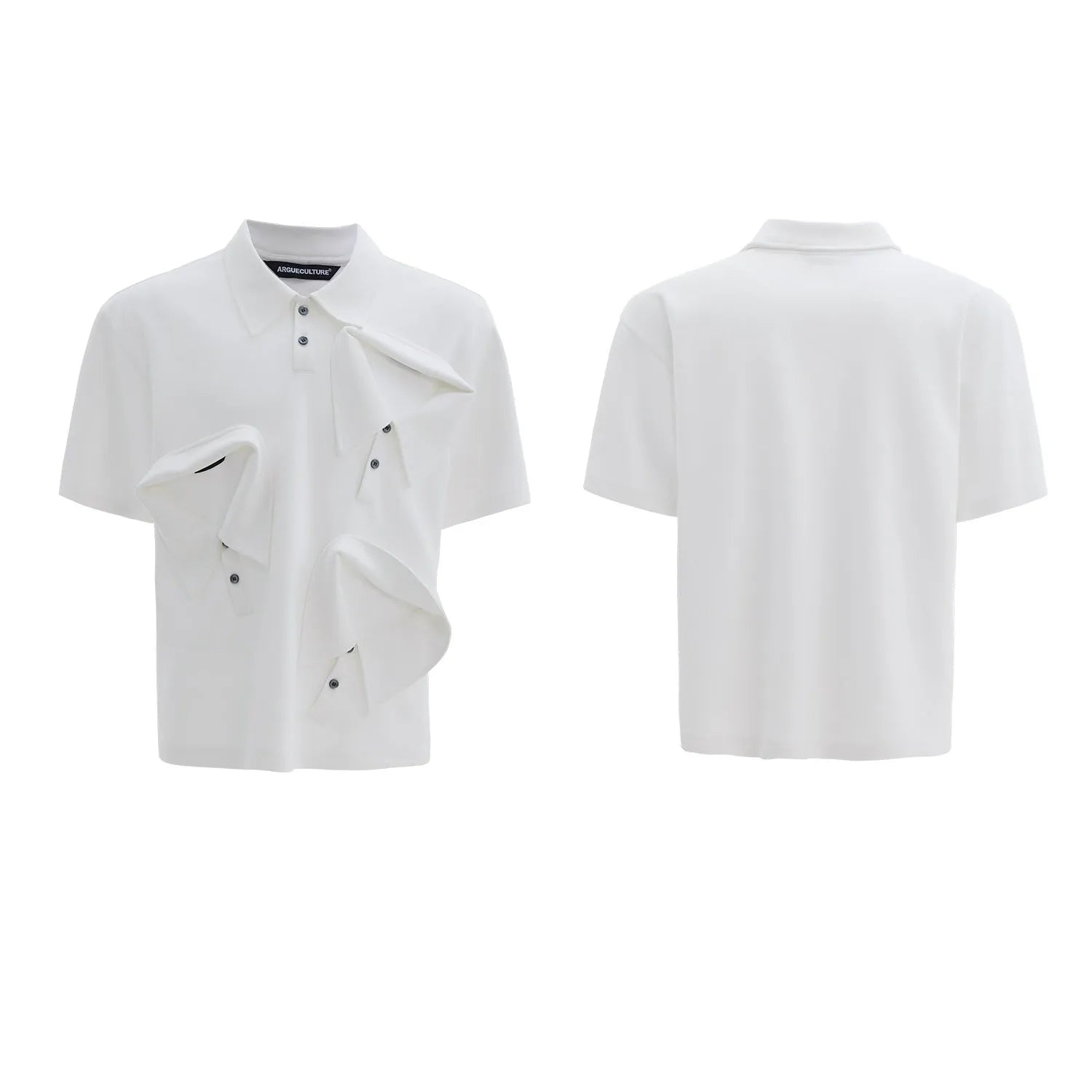 Men's geometric pattern polo shirt with deconstructed multi-collar design in loose fit polyester