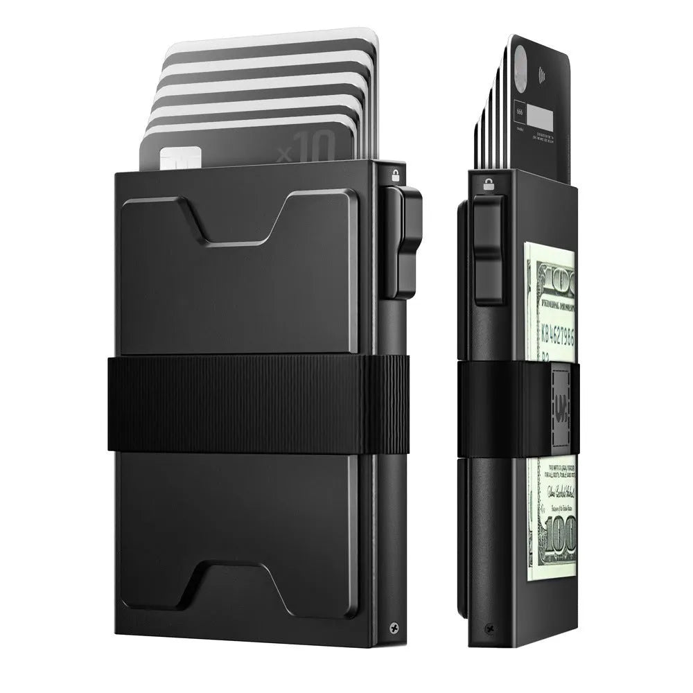 Black ultra-thin nylon card box with expansion slots and anti-theft RFID protection, 90x60x14mm