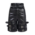 Black men's PU leather cropped shorts on a model, showing medium low waist and casual fit.