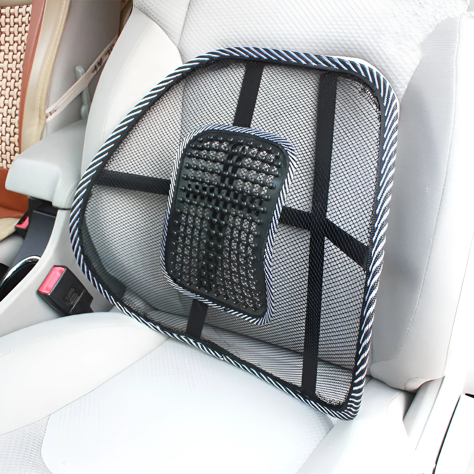 Black car lumbar support pillow showing 41x39cm dimensions and polypropylene fibre material.