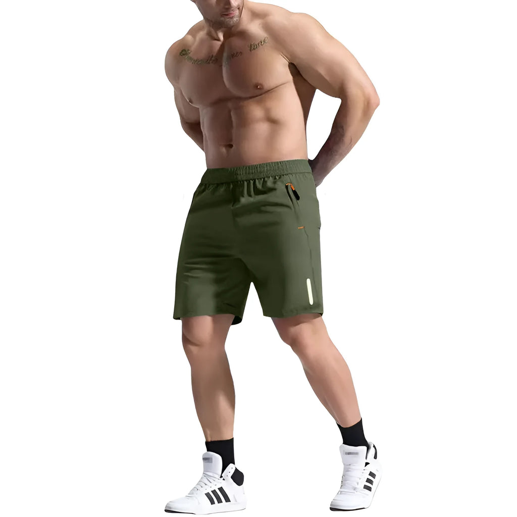 Men's grey elastic waist bamboo fibre sports shorts laid flat, showing drawstring and shorts length.