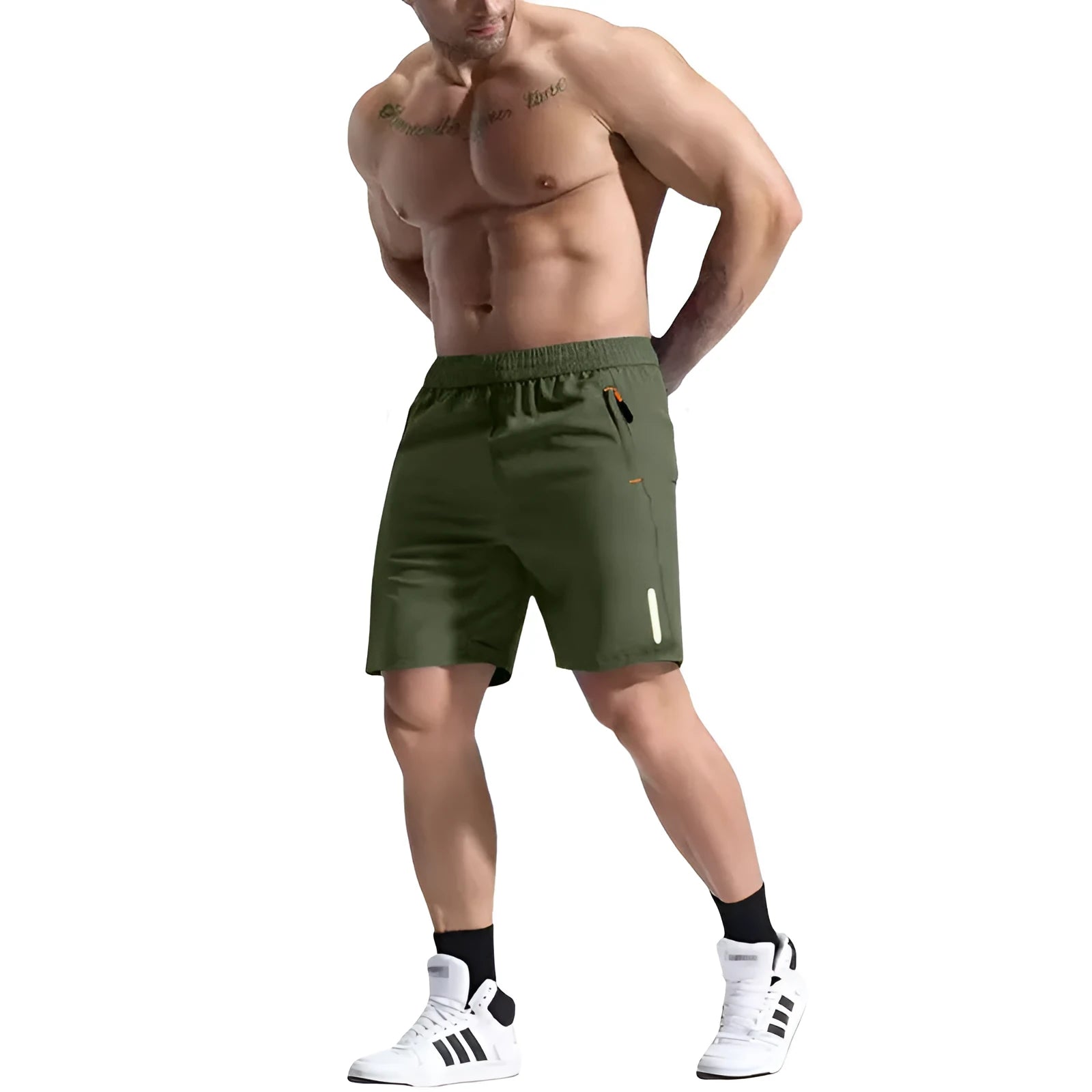 Men's grey elastic waist bamboo fibre sports shorts laid flat, showing drawstring and shorts length.