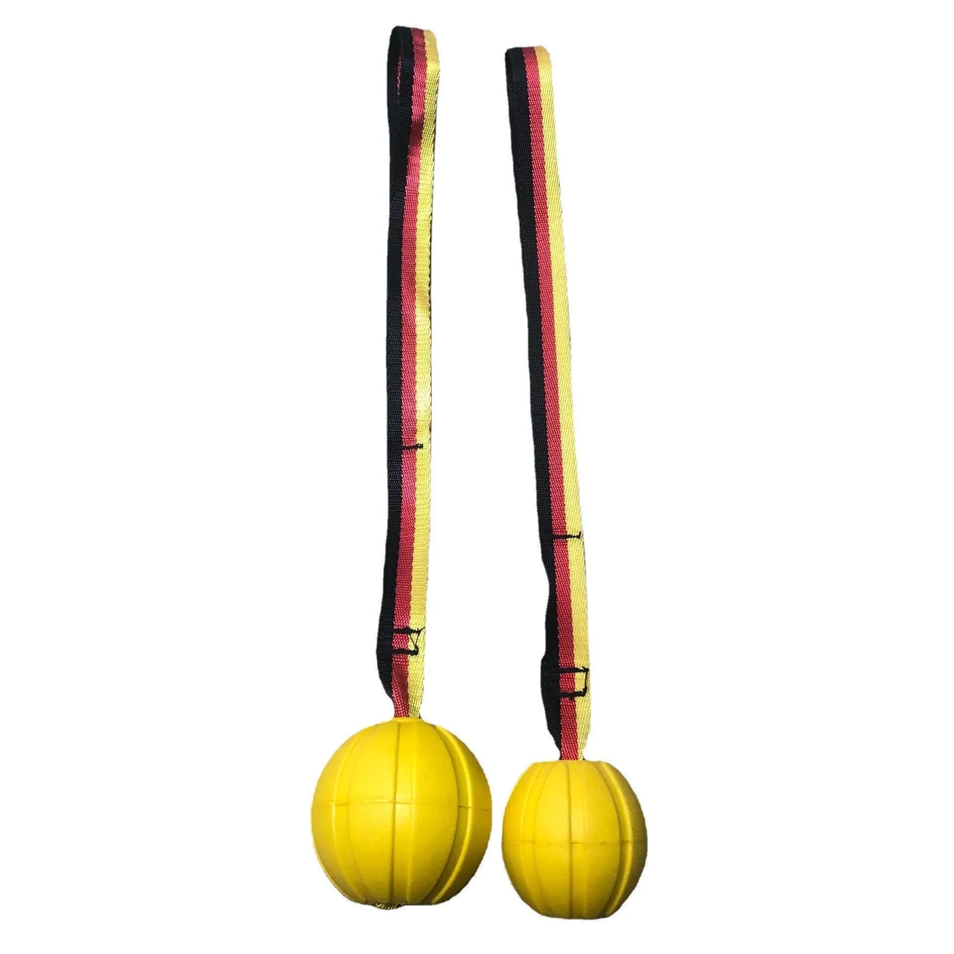 Yellow and camouflage coloured EVA foam floating tetherball dog toys in three different sizes on a blue background.