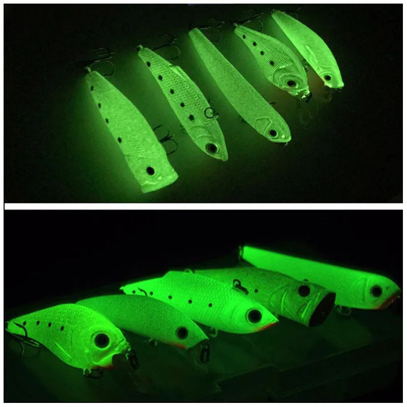 Set of five 3D fluorescent hard fishing baits with luminous coating for underwater use