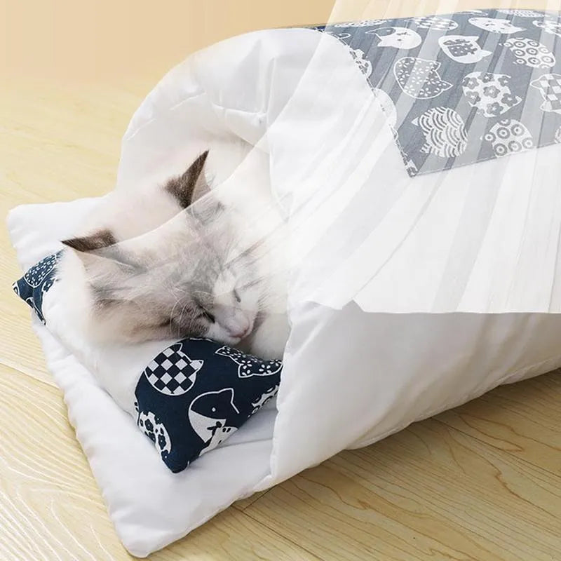Warm cat bed with removable pillow, plush fabric, available in four sizes for cats and small dogs