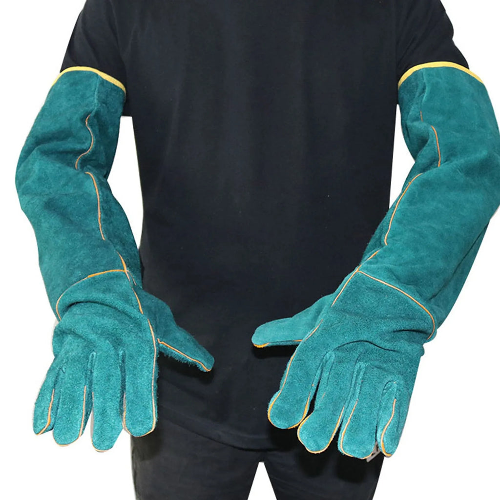 Dark green leather pet handling gloves with extended sleeves for animal bite protection