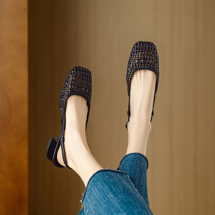 Women's beige woven hollow-out closed toe sandals with a square toe, buckle fastening, and chunky 4cm rubber heel.