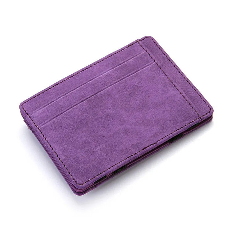 Short style PU leather magic flip wallet with zipper coin purse in black, blue, brown, light grey, or purple.