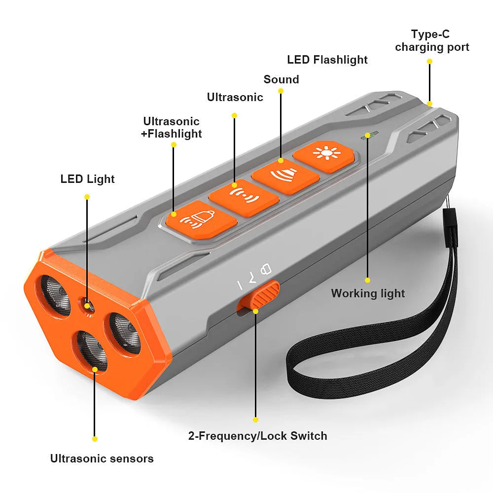 Three-head ultrasonic dog trainer in grey-orange colour with adjustable directional heads for pet behaviour management