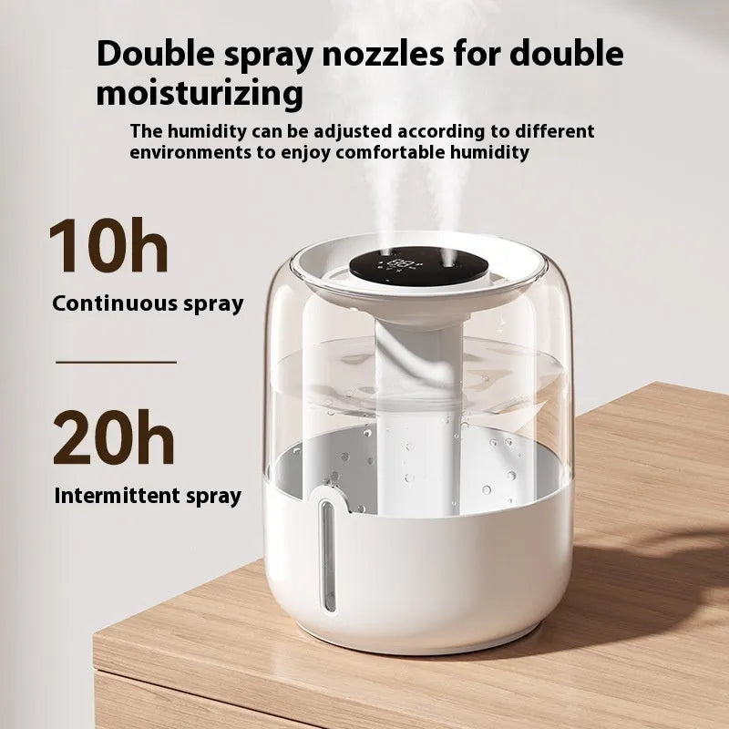 Round beige USB humidifier with dual spray nozzles, display screen, and night light