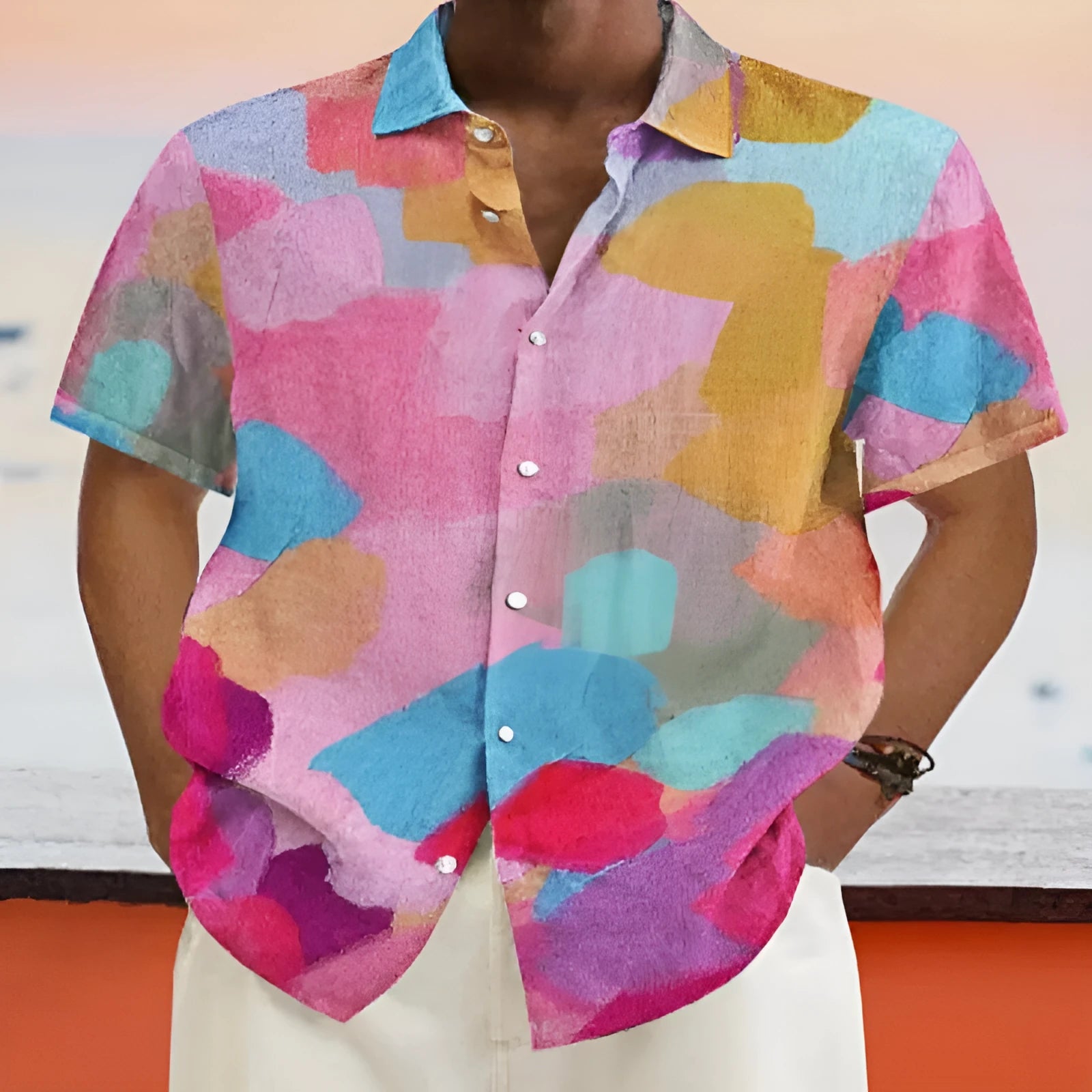 Hawaiian style stand collar short sleeve cardigan with 3D printed patterns in four-sided elastic polyester fabric