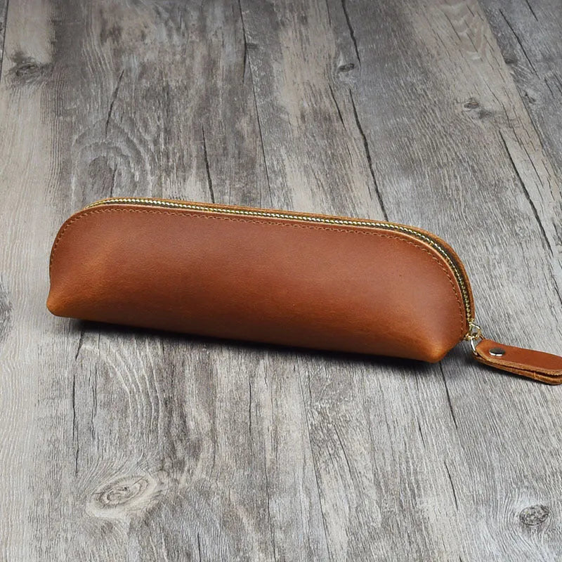 Genuine cowhide leather pencil case with zipper, 18cm long, in black solid colour