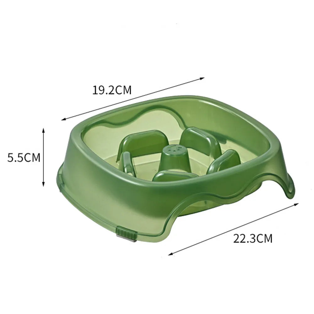Plastic dog slow feeding bowl with anti-choking design in blue, grey, green, and orange colour options