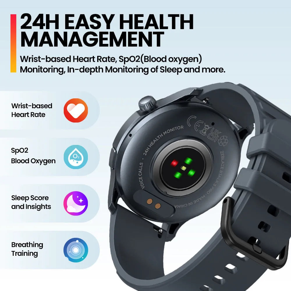 Btalk 3 Pro smart watch with AMOLED display, Bluetooth calling, heart rate and blood oxygen monitoring on a wrist
