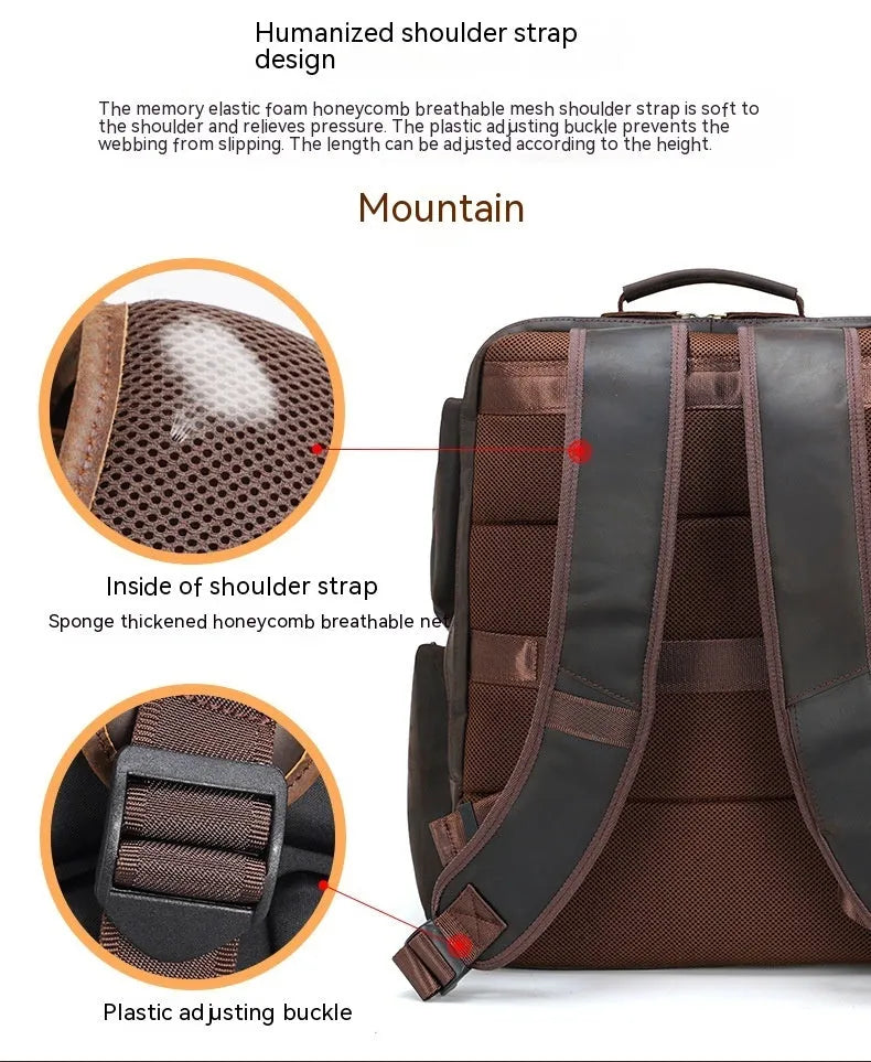 Dark brown genuine leather backpack with 17-inch laptop compartment and double shoulder straps