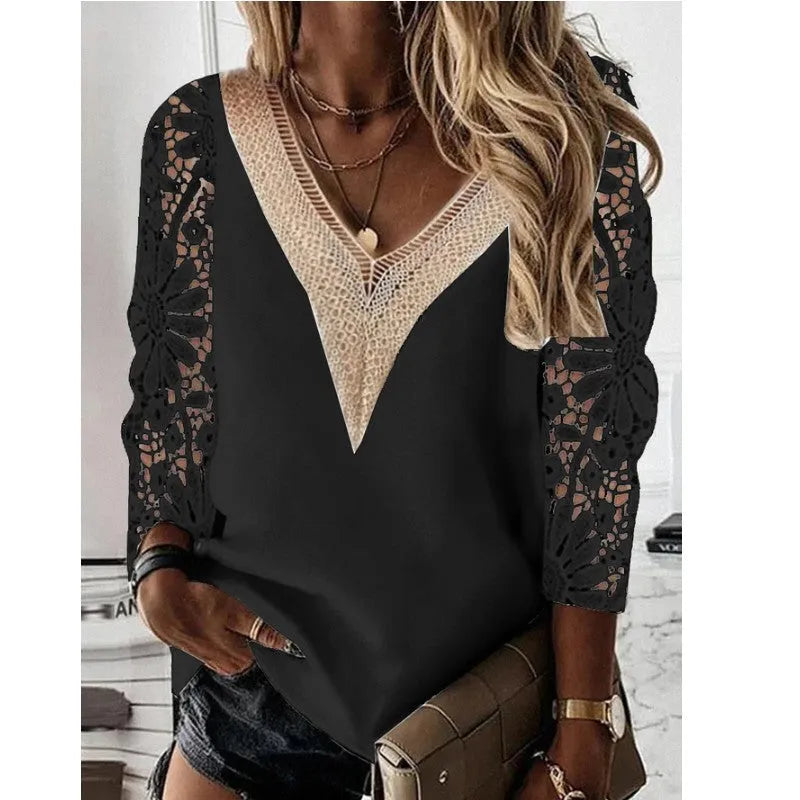 Women's v-neck nine-quarter sleeve chiffon shirt with lace splicing in gray, slim fit