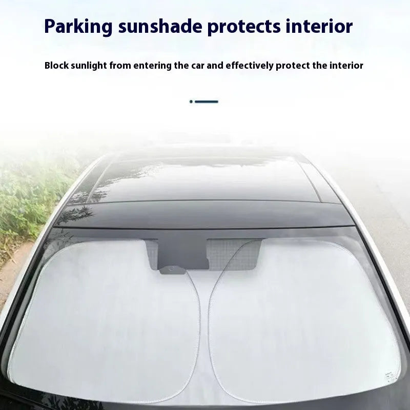 Titanium silver aluminium foil car sunshade unfolded, showing reflective surface.