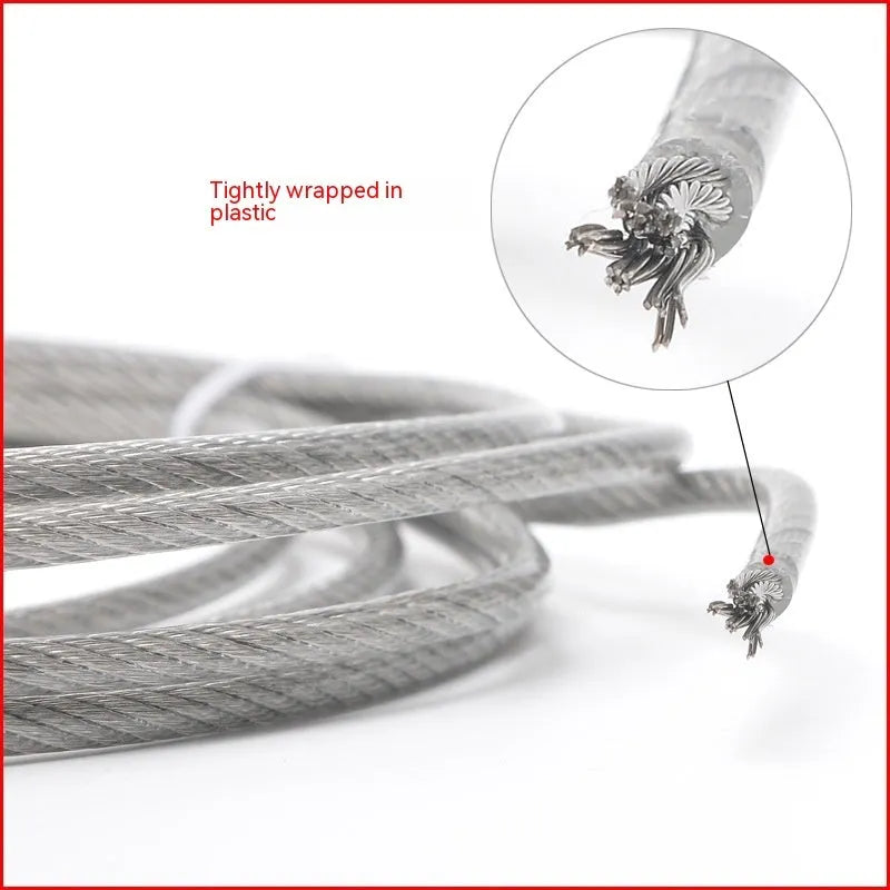 304 stainless steel anti-theft wire rope showing double twist construction and optional nylon coating